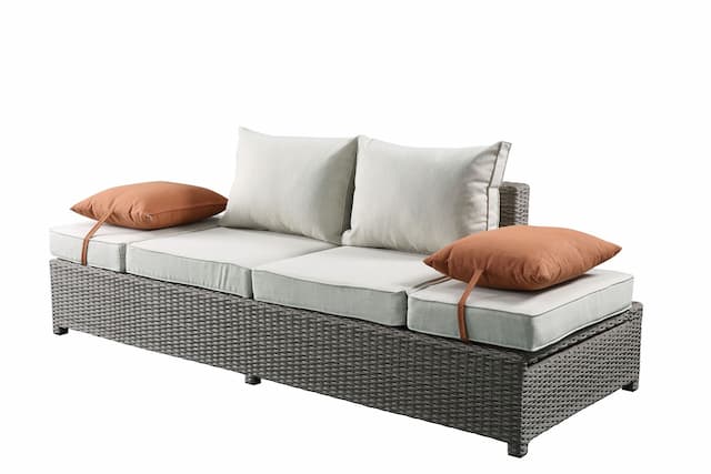 Salena Beige Fabric & Gray Wicker Patio Sofa W/2 Pillows & Ottoman