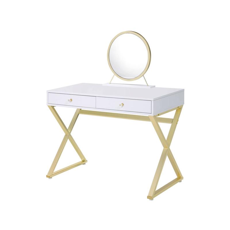 Coleen White & Gold Finish Vanity Desk W/Mirror & Jewelry Tray