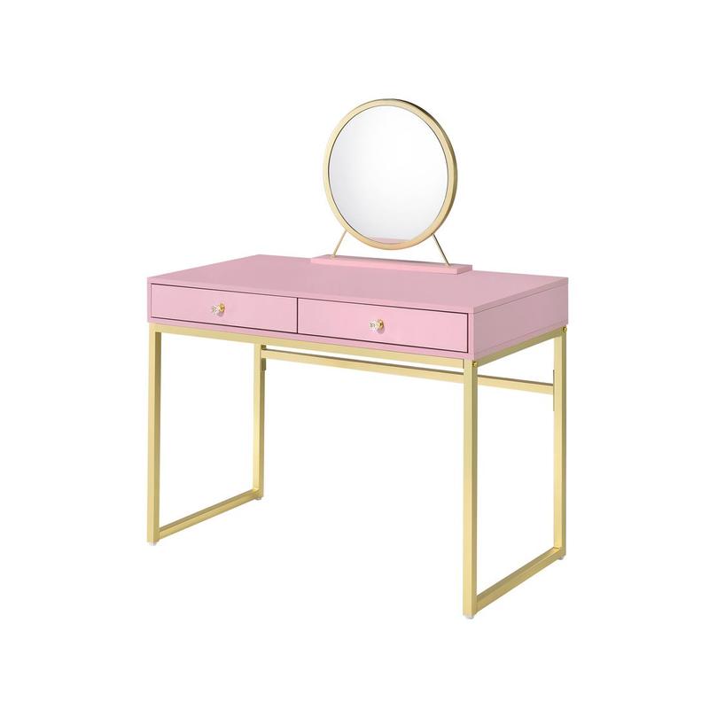 Coleen Pink & Gold Finish Vanity Desk W/Mirror & Jewelry Tray