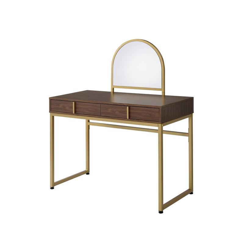 Coleen Walnut & Gold Finish Vanity Desk W/Mirror & Jewelry Tray