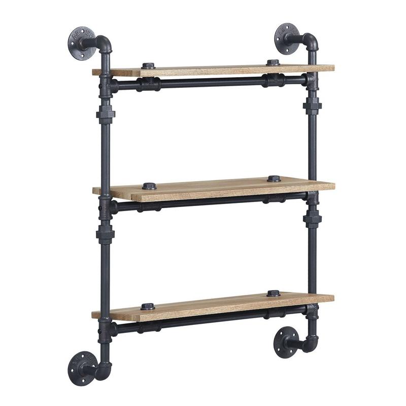 Brantley Oak & Sandy Black Finish Wall Rack W/3 Shelves