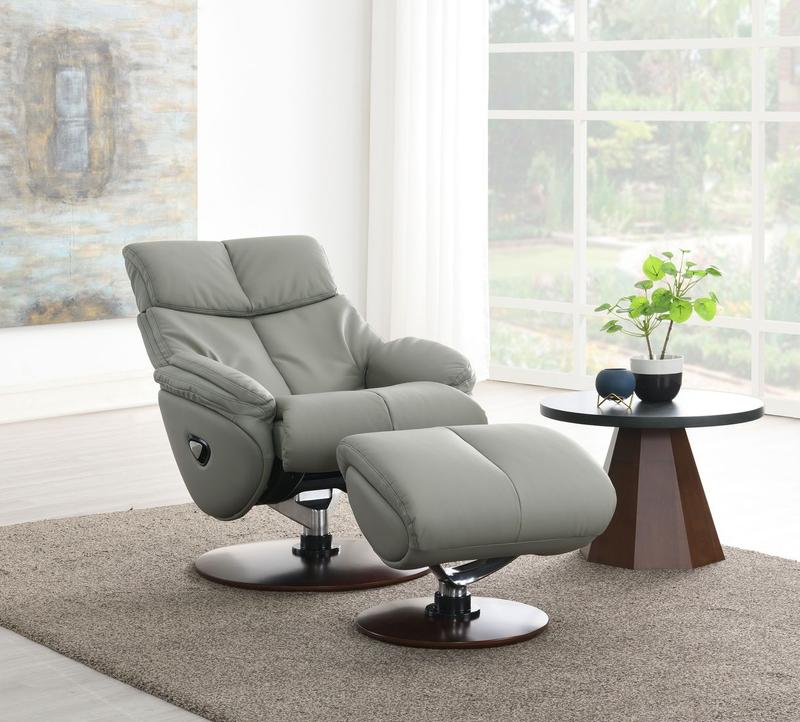 Kandoro Gray Top Grain Leather Leather & Brown Base Finish Motion Accent Chair W/Swivel & Ottoman