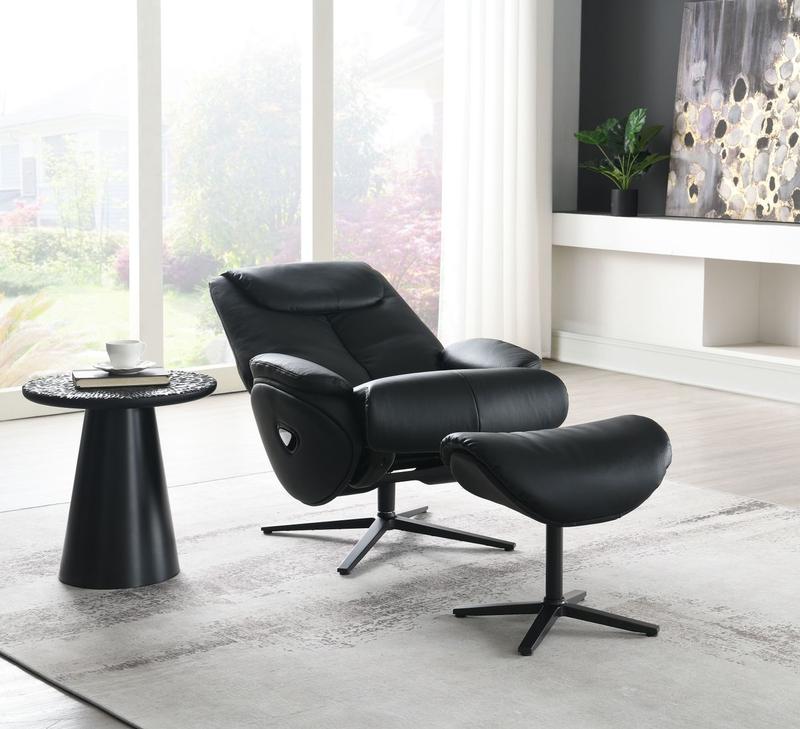 Labonita Black Top Grain Leather & Black Finish Motion Accent Chair W/Swivel & Ottoman