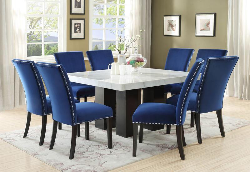 Camila Square Dining Set 9pc - Blue Velvet Chairs
