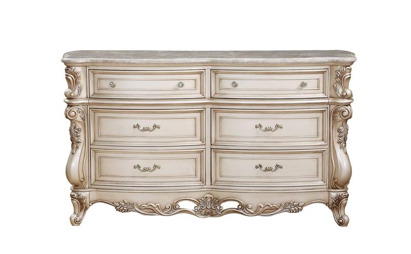 Gorsedd Natural Marble Top & Golden Ivory Finish Dresser W/Marble Top