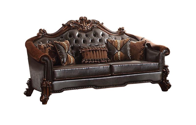 Vendome II Two Tone Dark Brown Synthetic Leather & Cherry Sofa W/5 Pillows