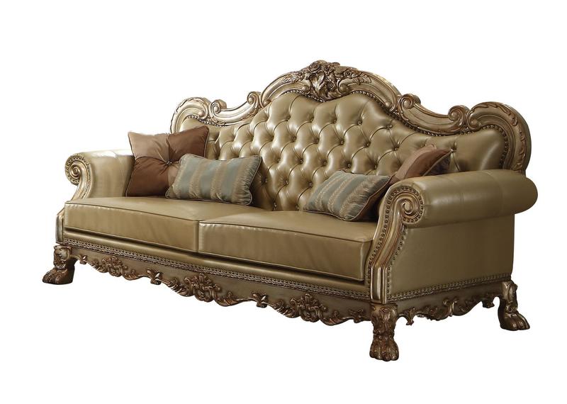 Dresden Bone Synthetic Leather & Gold Patina Sofa W/4 Pillows