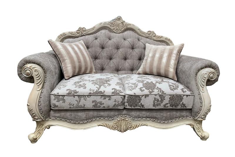 Ragenardus Gray Fabric & Antique White Loveseat W/2 Pillows