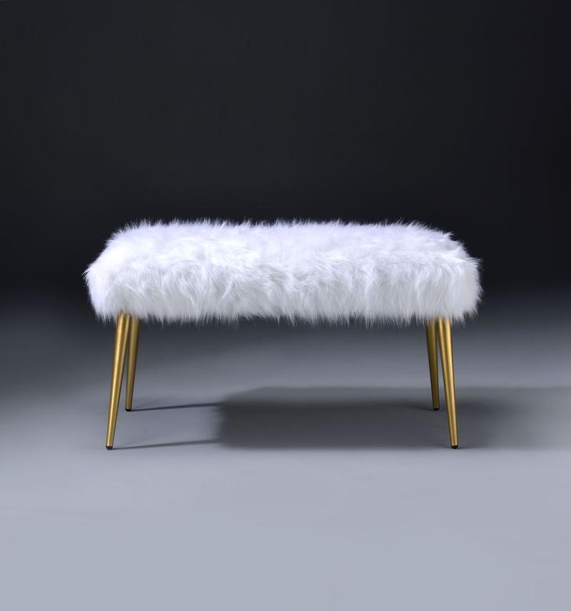 Bagley II White Faux Fur & Gold Bench