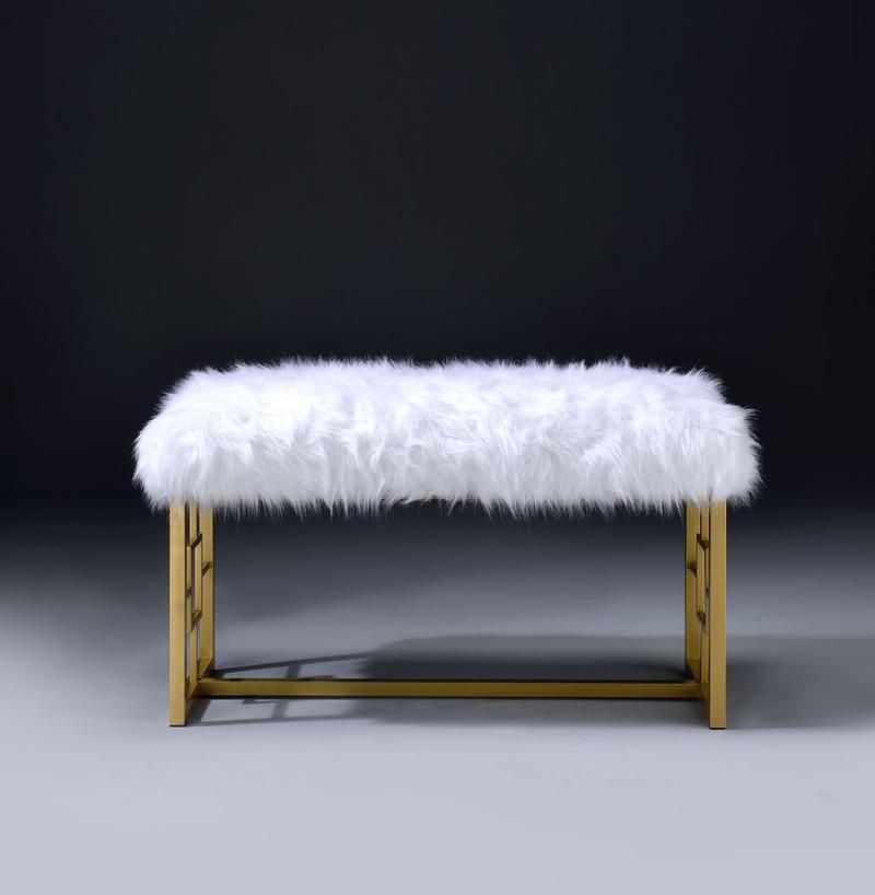 Bagley II White Faux Fur & Gold Bench