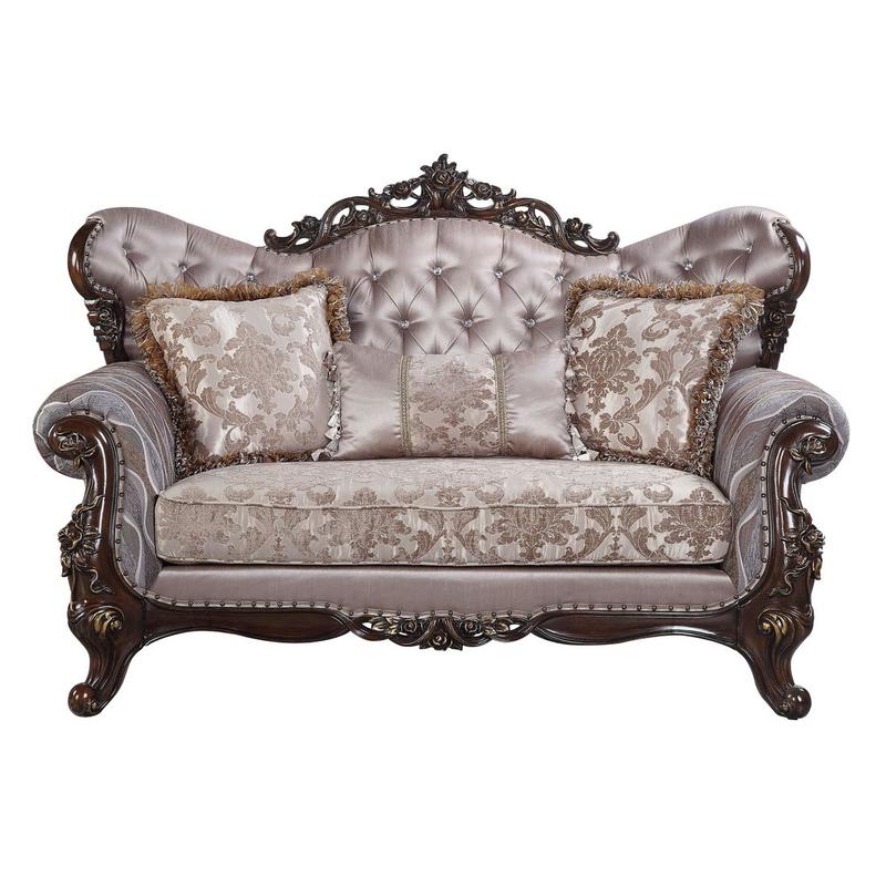Benbek Fabric & Antique Oak Finish Loveseat W/3 Pillows