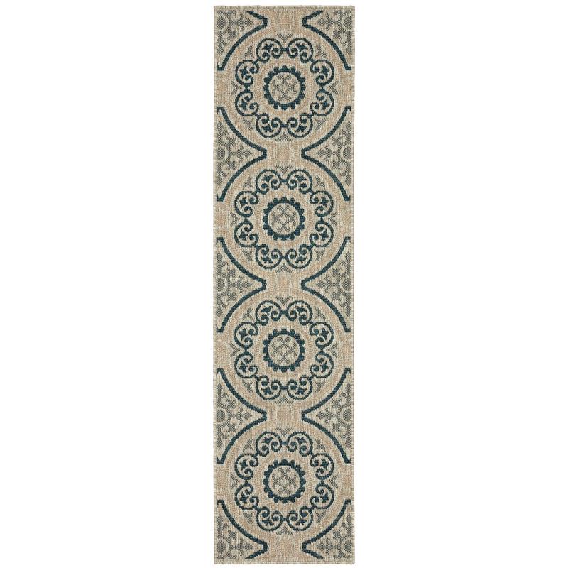 Latitude 609X3 Grey/ Teal Indoor/Outdoor Area Rug - 1'10" x 7'6"