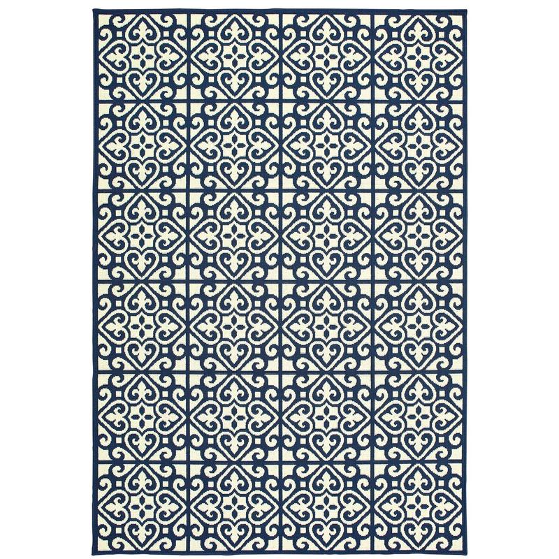 Marina 5927B Ivory/ Navy Indoor/Outdoor Area Rug - 1'9" x 3'9"